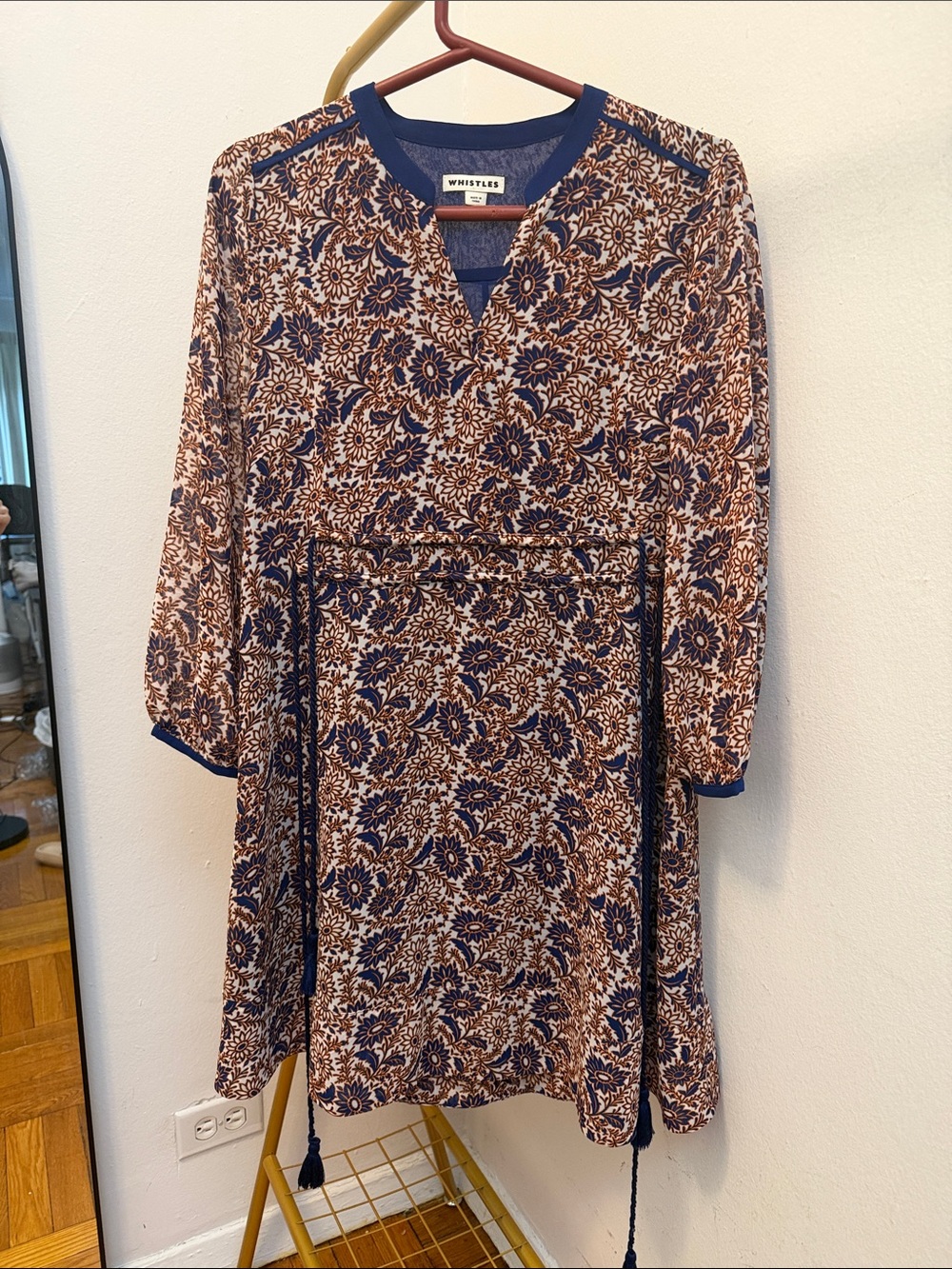Whistles Navy and Brown Floral Long-Sleeve Tie-Waist Dress